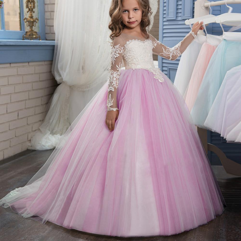 Holy Communion Dresses Ball Gown Long Sleeves Lace Back Button Solid O-neck Flower Girl Dresses Vestido De Daminha New Arrival