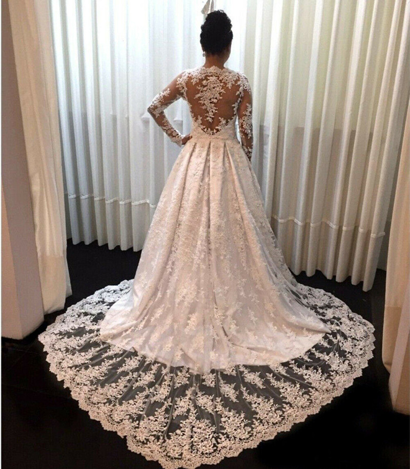 New 2019 Gogeous Long Sleeves Lace Appliques A Line Wedding Dresses Bridal Gown Celebrity vestido De Noiva robe de mariee
