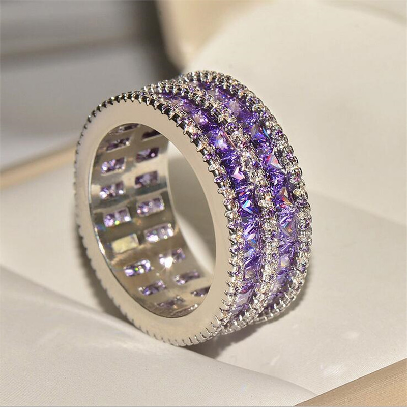 Handmade Fine Jewelry 925 Sterling Silver Double Princess Cut Amethyst Gemstones Party Women Wedding Engagement Band Ring For Lovers' Gift