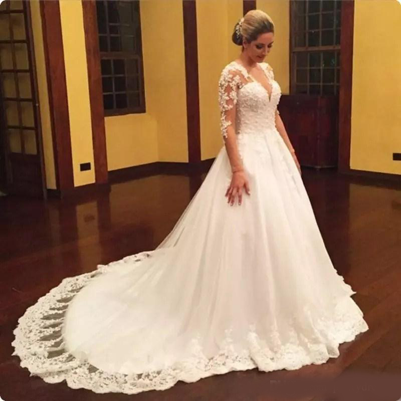 2020 Vintage V-Neck Lace Appliques A-Line Wedding Dresses Modest Custom Long Chapel Train Bridal Gowns Women Vestidos De Marriage Plus Size