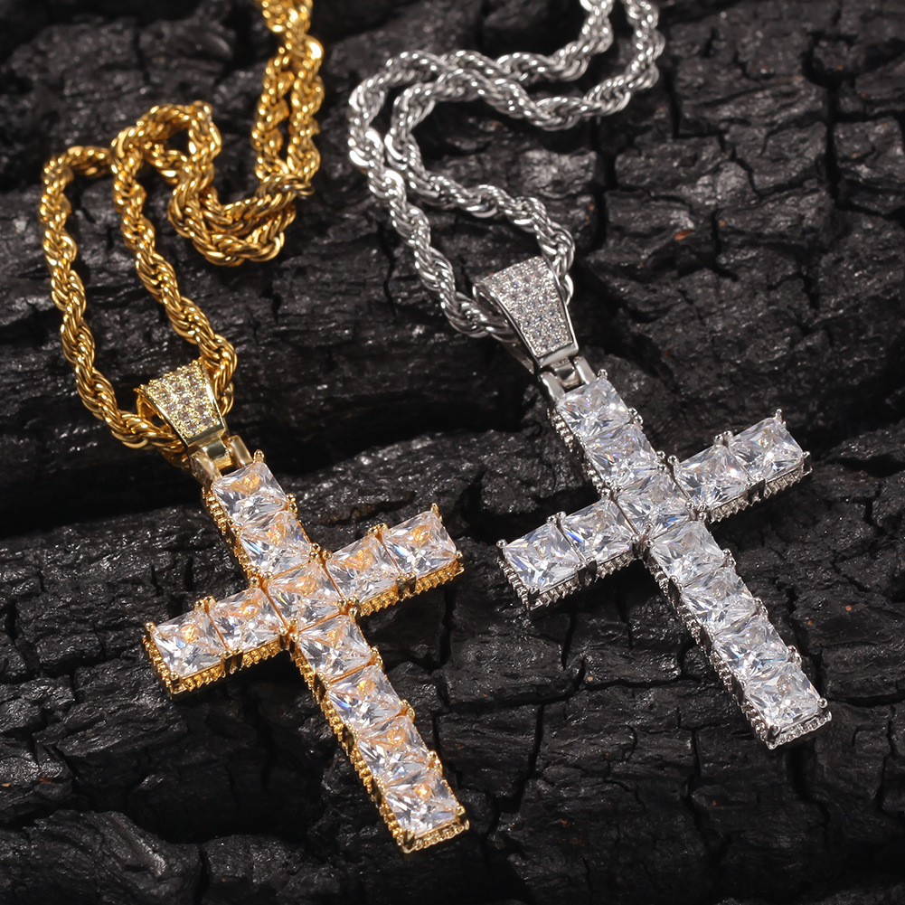 Bling Square Diamond Stone Cross Pendants White Gold Plated Necklace Men Women Lover Gift Religious Jewelry
