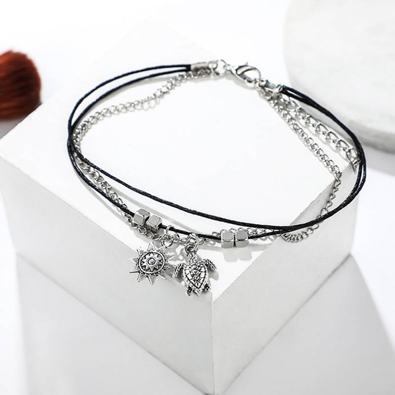 Simple geometric turtle sun animal square beaded black wire rope chain anklet ladies beach tourism
