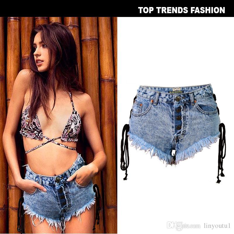 2020 Summer Denim Shorts Women Feminino Ripped High Waist Mini Shorts Solid tassel Hole Short Women Sexy Bandage Jeans