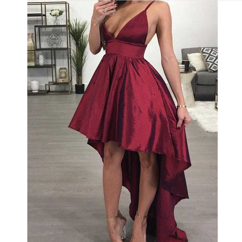 Arabic Homecoming Dresses Stunning Spaghetti Straps Burgundy Cocktail Party Dresses High Low Satin African Short Prom Dress Graduation Club