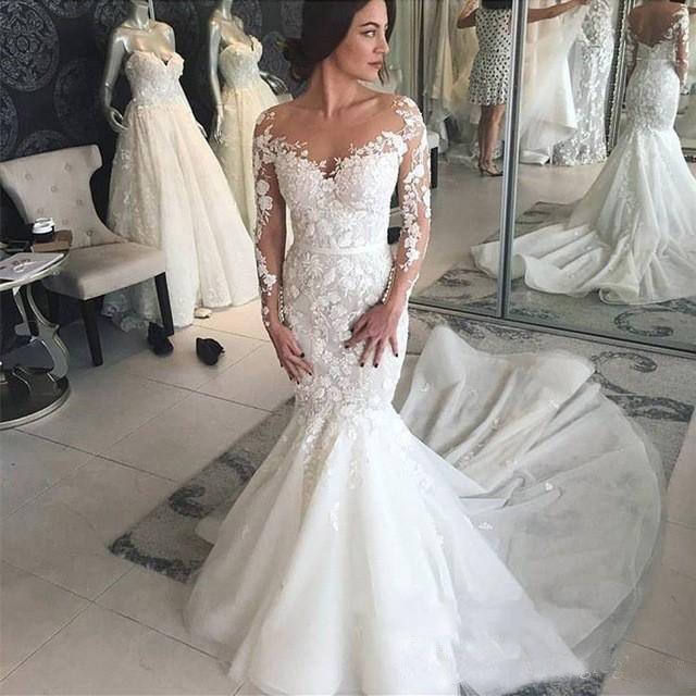 Gorgeous Lace Tulle Dresses Mermaid Style Long Sleeve Back Zipper Sweep Train Wedding Bridal Gowns 0521