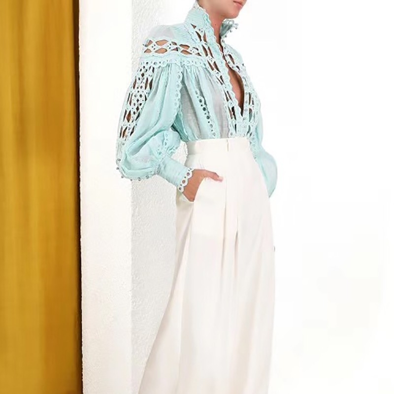 TWOTWINSTYLE Sexy Beading Patchwork Women Blouse Stand Collar Lantern Sleeve Hollow Out Shirt Female Fashion Summer 2019 New V191108
