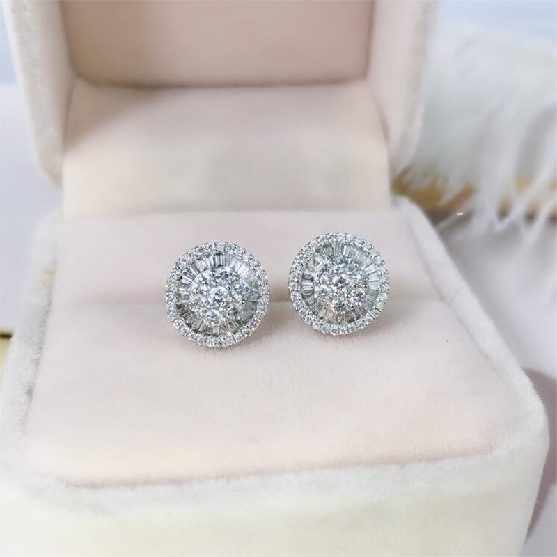 Circle Stud Earrings: Sterg Sier, Princess Cut White Topaz CZ, Wedding Bridal Jewelry Gift for Women