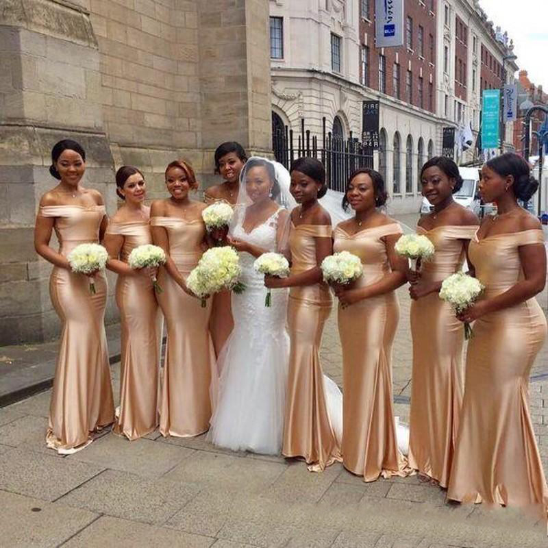 2020 Gold Floor Length Sleeveless Sexy Black Girl Wedding Guest Prom Dress Custom African Off The Shoulder Beach Mermaid Bridesmaids Dresses