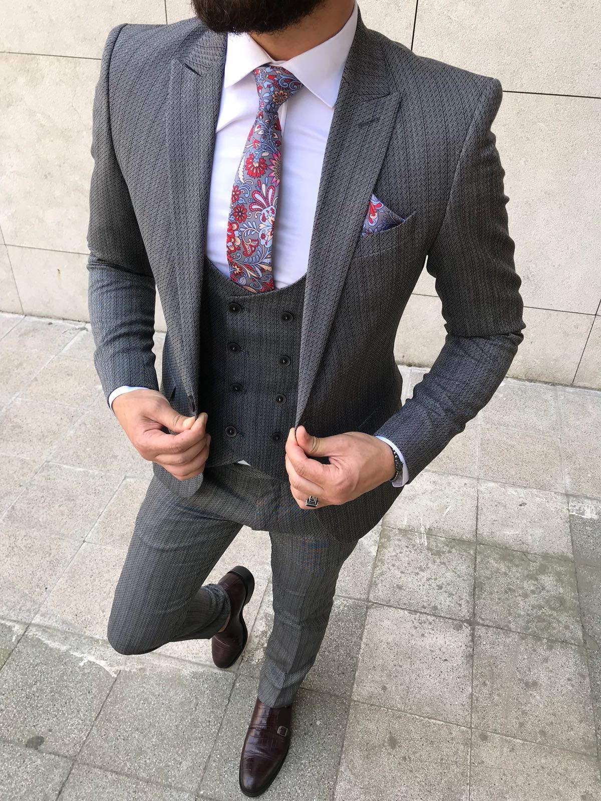 Fashion Herringbone Groom Wedding Tuxedos Slim Fit 3 Pieces Notched Lapel Mens Pants Suits High Quality Designer Jackets