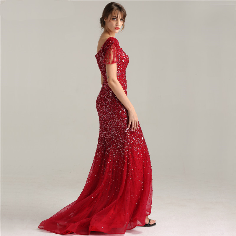 Red Tulle Mermaid Prom Dresses Beads Formal Evening Gowns V Neck Floor Length Sequins Cap Sleeves Party Dress