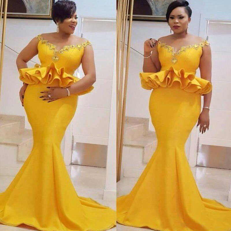 Vintage Bright Yellow Mermaid Prom Dresses Plus Size African Cap Sleeves Aso Ebi Formal Evening Gowns Custom Made Party Dresses