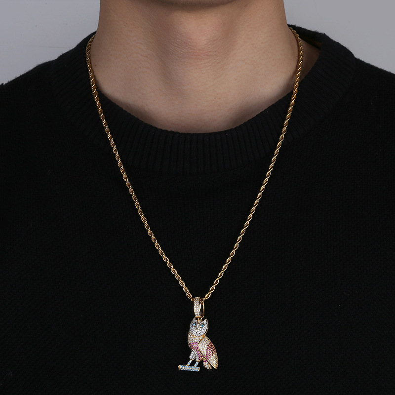 18K Gold Colorful CZ Zircon Owl Necklace Twist Chain Multi Color Iced Out Animal Pendant Hip Hop Rapper Jewelry Gifts for Men and Women