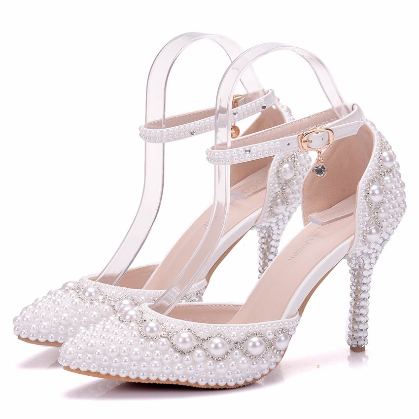Fashion Pearls Designer Women Wedding Shoes Heels Crystal Bridal Shoes Size 4-10 Party 4 IN High Heels Shoes For Women White Ivory Real Photos