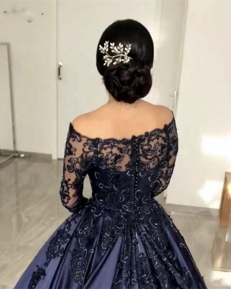 2020 Hot Quinceanera Ball Gown Dresses Long Sleeves Navy Blue Lace Appliques Satin Sweet 16 Sweep Train Button Back Party Prom Evening Gowns