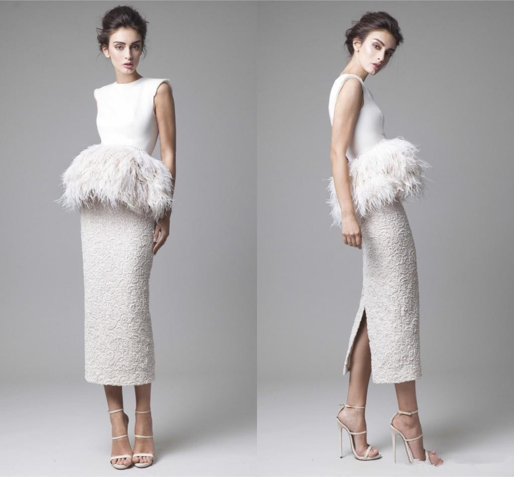 Krikor Jabotian White Feathers Evening Dresses 2023 Formal Back Split Peplum Fur Pencil Sheath Tea Length Prom Gowns Lace Party Gowns