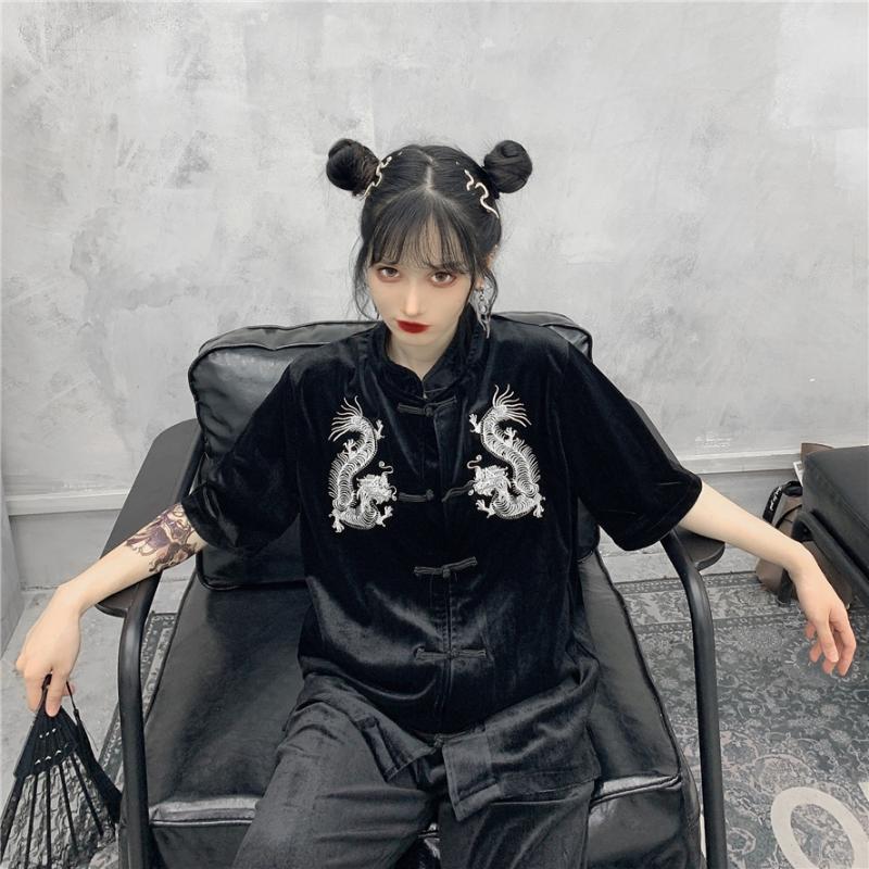 Women shirts summer 2020 blouses Punk Gothic Retro Chinese Dragon embroidery Shirts Casual Streetwear Short sleeve Cardigan, Top
Women shirts summer 2020 blouses Punk Gothic Retro Chinese Dragon embroidery Shirts Casual Streetwear Short sleeve Cardigan, Top
