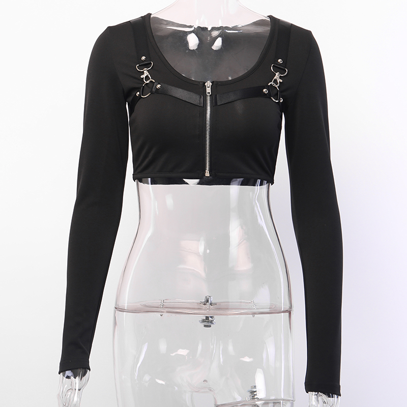 InsGoth Black Long Sleeve Women Crop Top Gothic Punk Sexy Short Top Zipper Patchwork Bodycon Female Top Autumn Streetwear Tshirt T200110