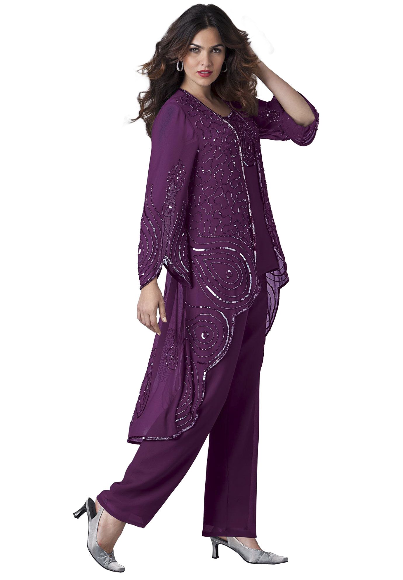gorgeous three piece purple mother of the bride pant suits plus size groom mother evening long sleeves sequined chiffon formal dresses 2019