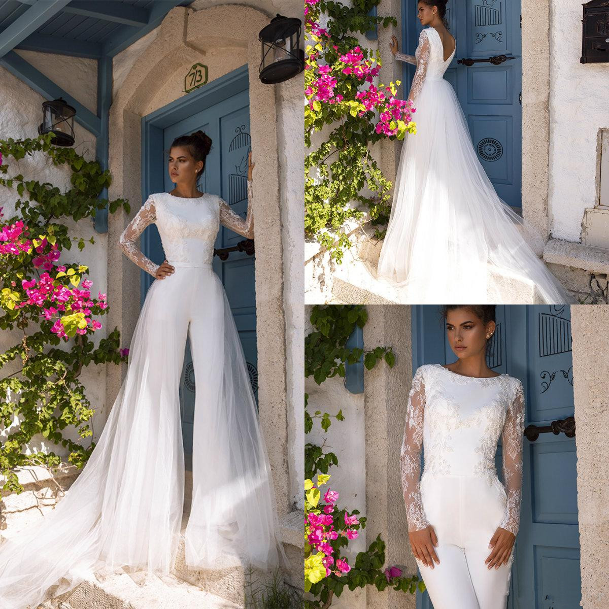 modest long sleeve jumpsuits dress with detachable train vestido de noiva boho lace wedding dresses bridal gowns