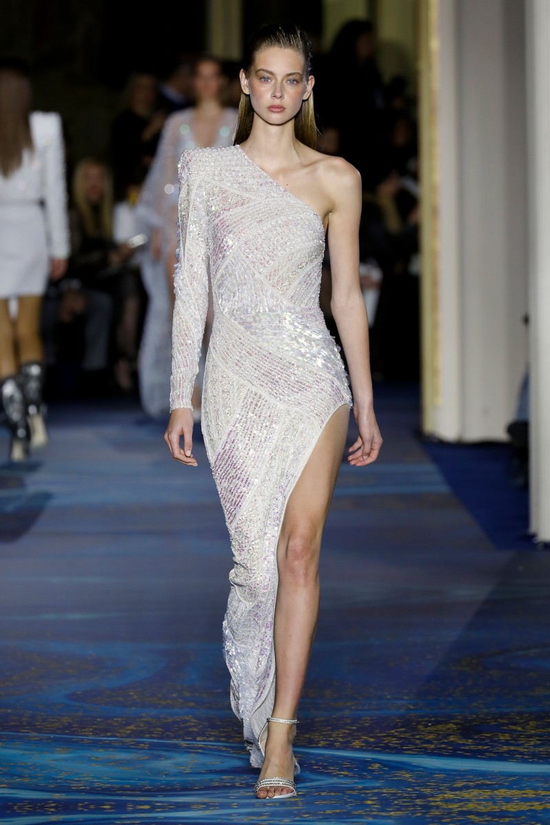 Zuhairmurad Customized Mermaid Evening Dress One Shoulder Long Sleeve Formal Dress Satin Crystal Sequins Party Bridesmaid Gown