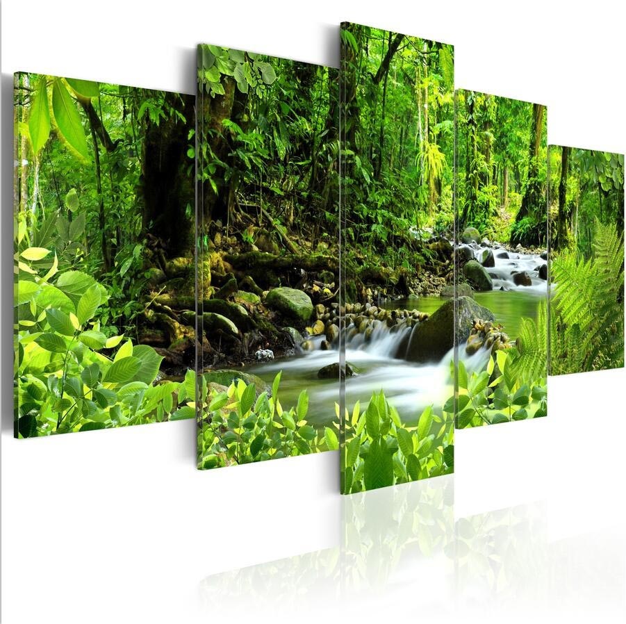 ( No Frame)5PCS/Set Modern Mighty Jungle Geen Landscape Art Print Frameless Canvas Painting Wall Picture Home Decoration