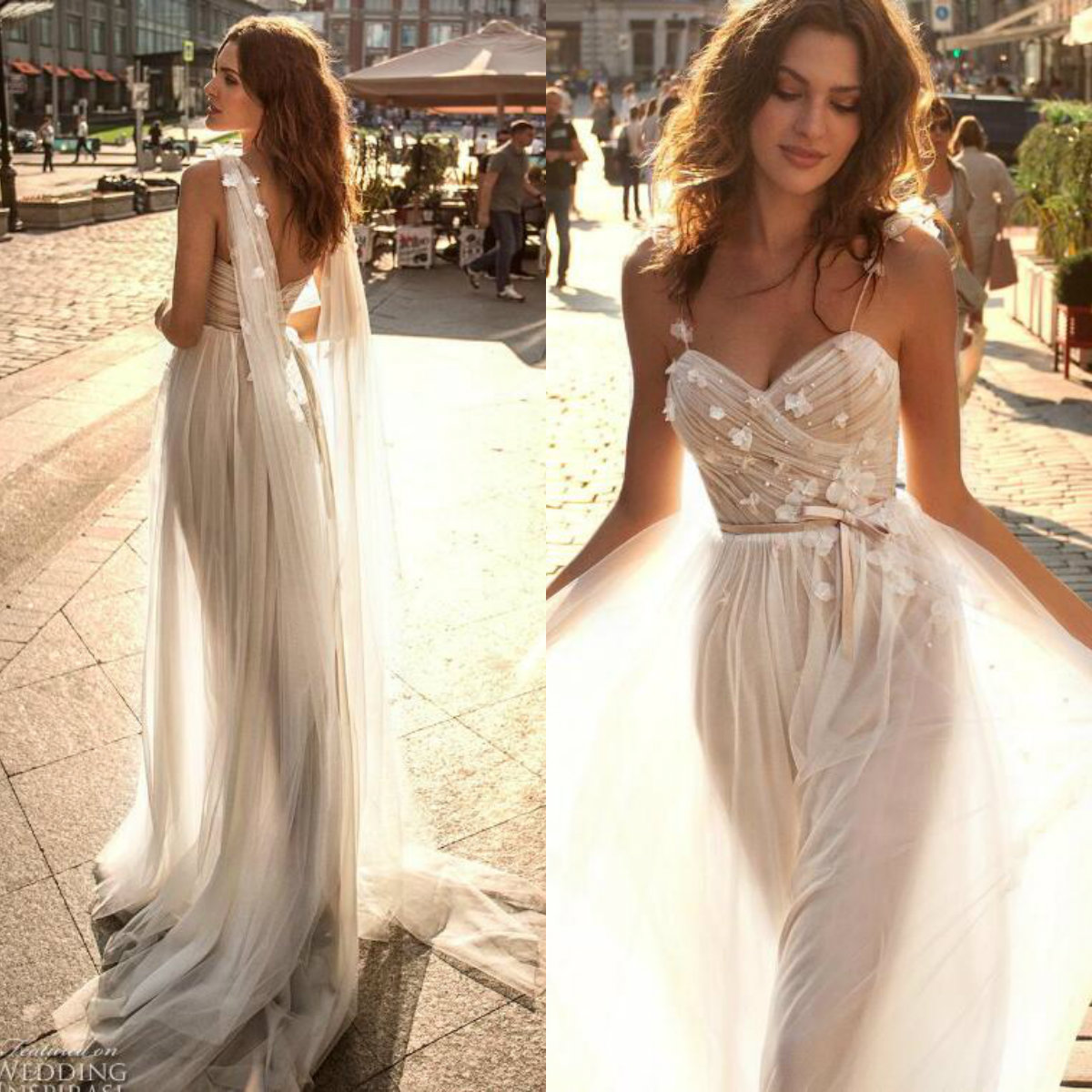 Sexy Spaghetti Boho Wedding Dresses 2019 Papilio Ruched Backless 3D Floral Appliques Bridal Gowns robe de mariée Beach Wedding Dress