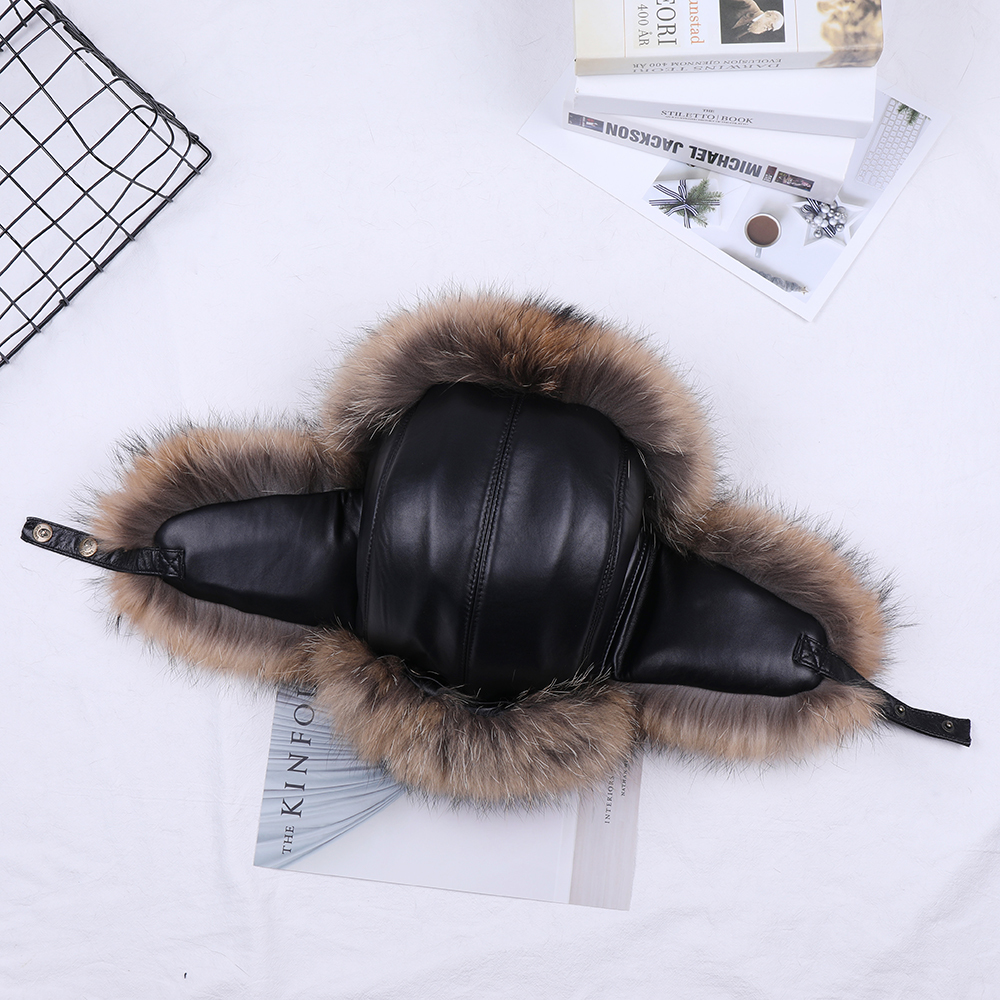2019 Winter Men's 100% Real Silver Fur Bomber Hat Raccoon Fur Ushanka Cap Trapper Russian Man Ski Hats Caps Real Leather T200104