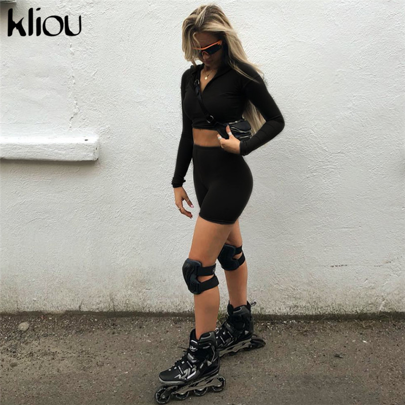 Kliou New Female Fluorescence Fitness Two Pieces Sets 2018 Autumn Full Sleeve Zipper Turtleneck Tops And High Waist Shorts Suits C19021601