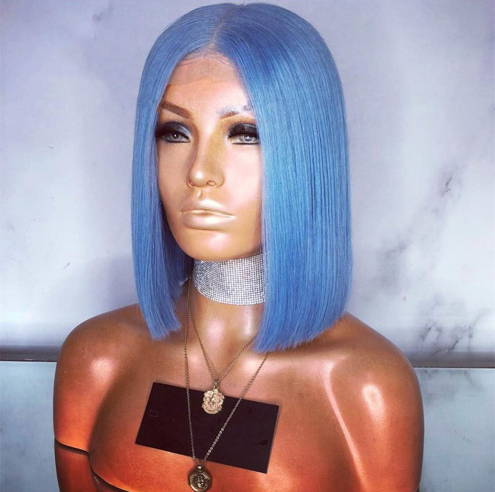 Lace Front Wig Blue Colored Remy Red Human Hair Full Ends Transparent Frontal Closure Swiss Lace Short Bob Wigs