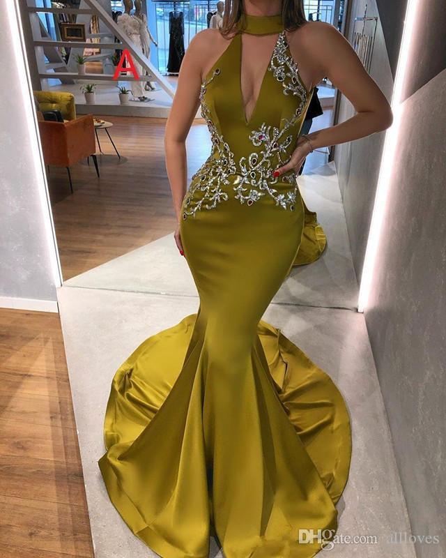 Mermaid Green Sexy Evening Dresses Long Arabic 2020 Deep V Neck Sequins Lace Backless Formal Occasion Party Wear Plus Size Vestidos