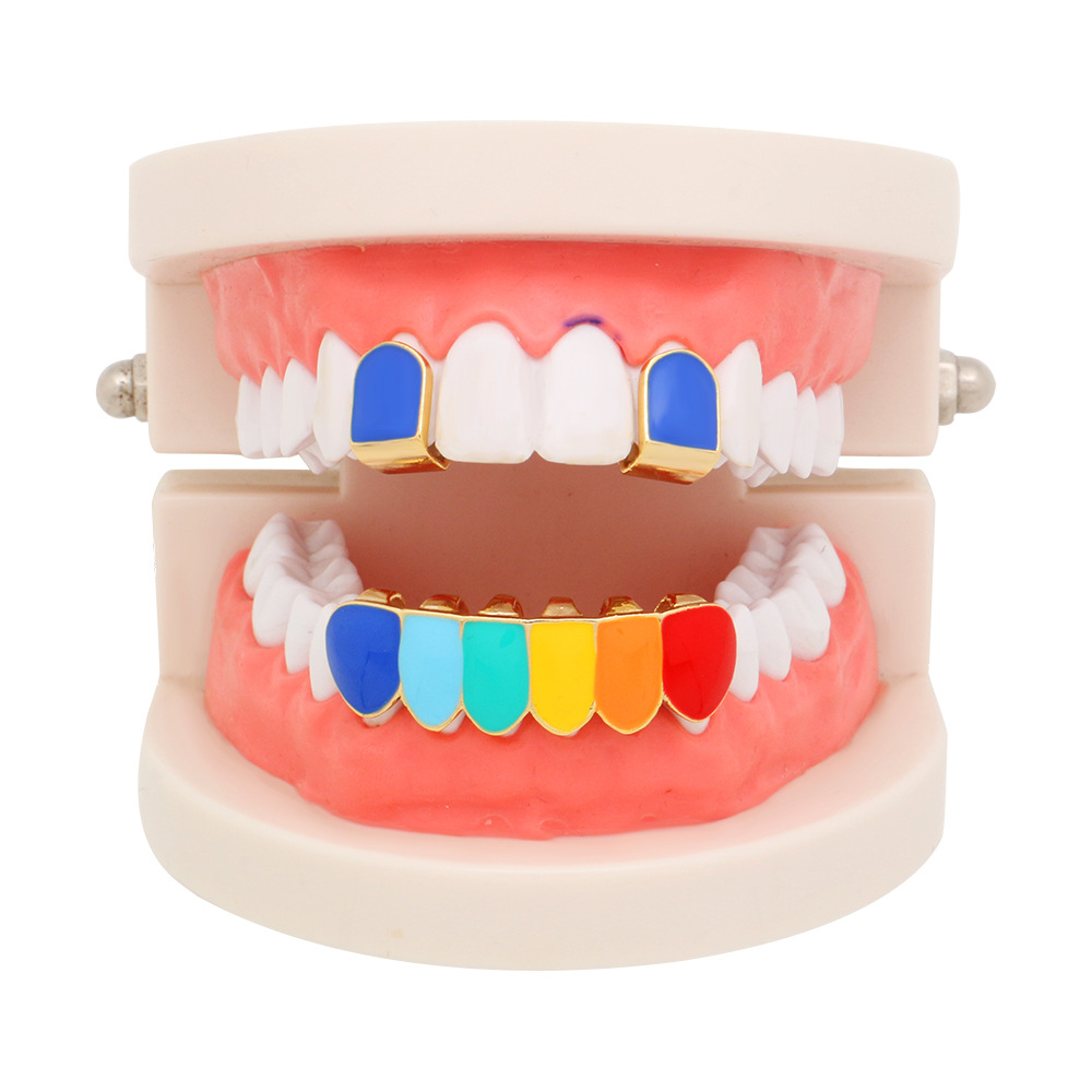 New Gold Plated Mixed Color Vampire Up Single Teeth Grills Bottom Hip Hop Fang Grillz Halloween Dental Tooth Cap Decoration Wolf Tide Body Piercing Je