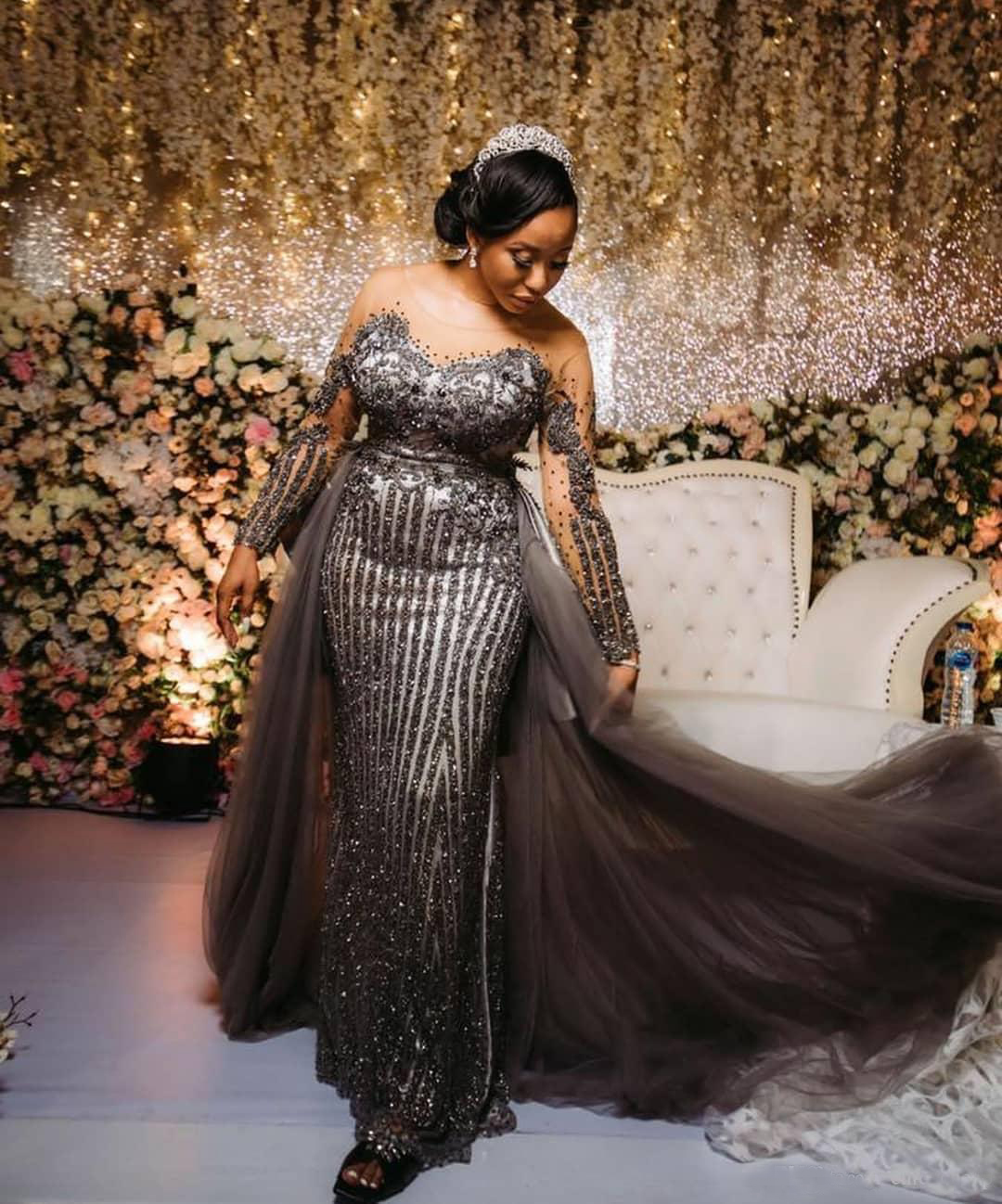 Arabic Aso Ebi Evening Dresses Mermaid Sheer Neck Beaded Crystals Grey Prom Dresses Formal Receprion Gowns Custom