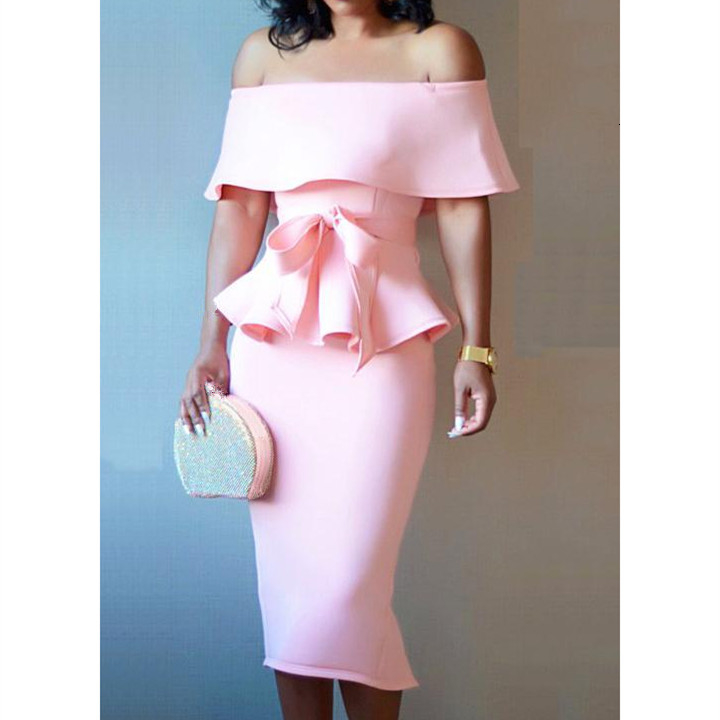 New Women Short Sleeve Ruffle Hem Shirts Bow 2 Piece Set Solid Lace Up Off Shoulder Tops and Bodycon Skirt Sexy Club Party Suits V191019