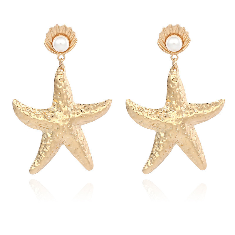 Fashion- Golden Alloy Shell Pearl Earrings Exaggeration Starfish Dangle Earring For Women