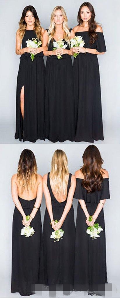 Simple Black Bridesmaid Dresses Chiffon Bohomian Off the Shoulder V Neck Halter Side Slit Beach Wedding Guest Dress Maid of Honor Gown