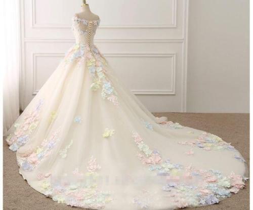 elegant a line chapel wedding dresses colorful flower lace up appliques with long train bridal gowns plus size wedding dress robe de marie