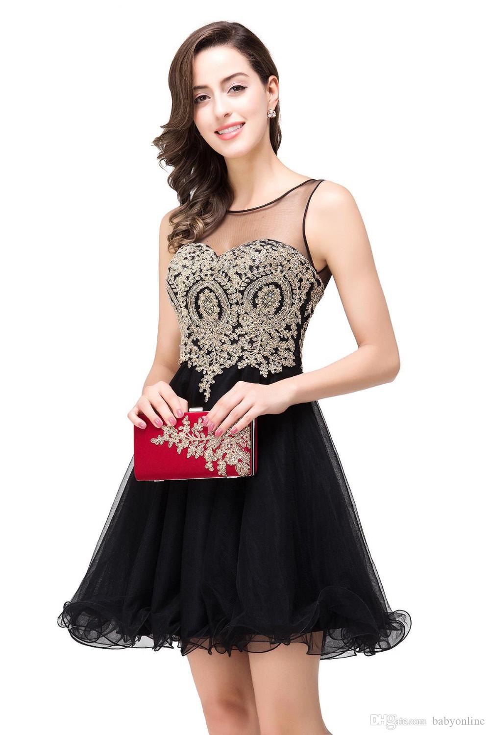 Little Black Short Homecoming Dresses Gold Appliques A Line Ruffles Knee Length Mini Prom Tail Gowns Cps362