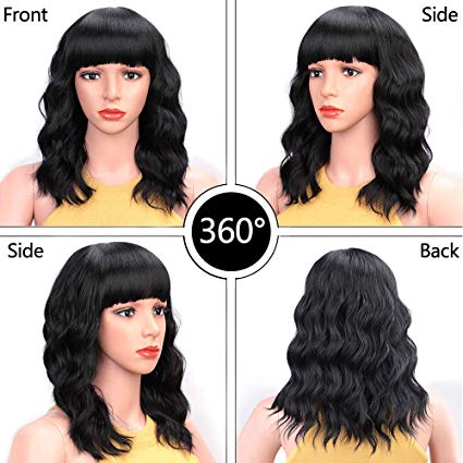Short wavy bob human hair bang wigs lace front brazilian remy wig for black women 130% on sale diva1 natural