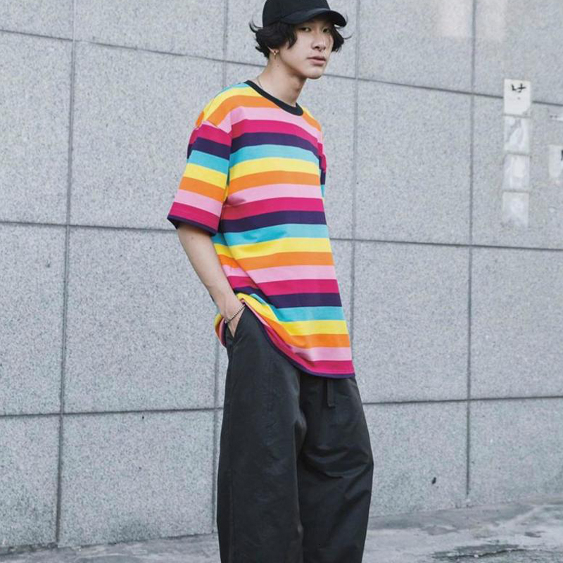 Fashion-Color Striped Tee Crew Neck T-shirt Oversized Shirt Striped Men Women Couple Street Casual Summer Fashion Top Two Colors HFHLTX031