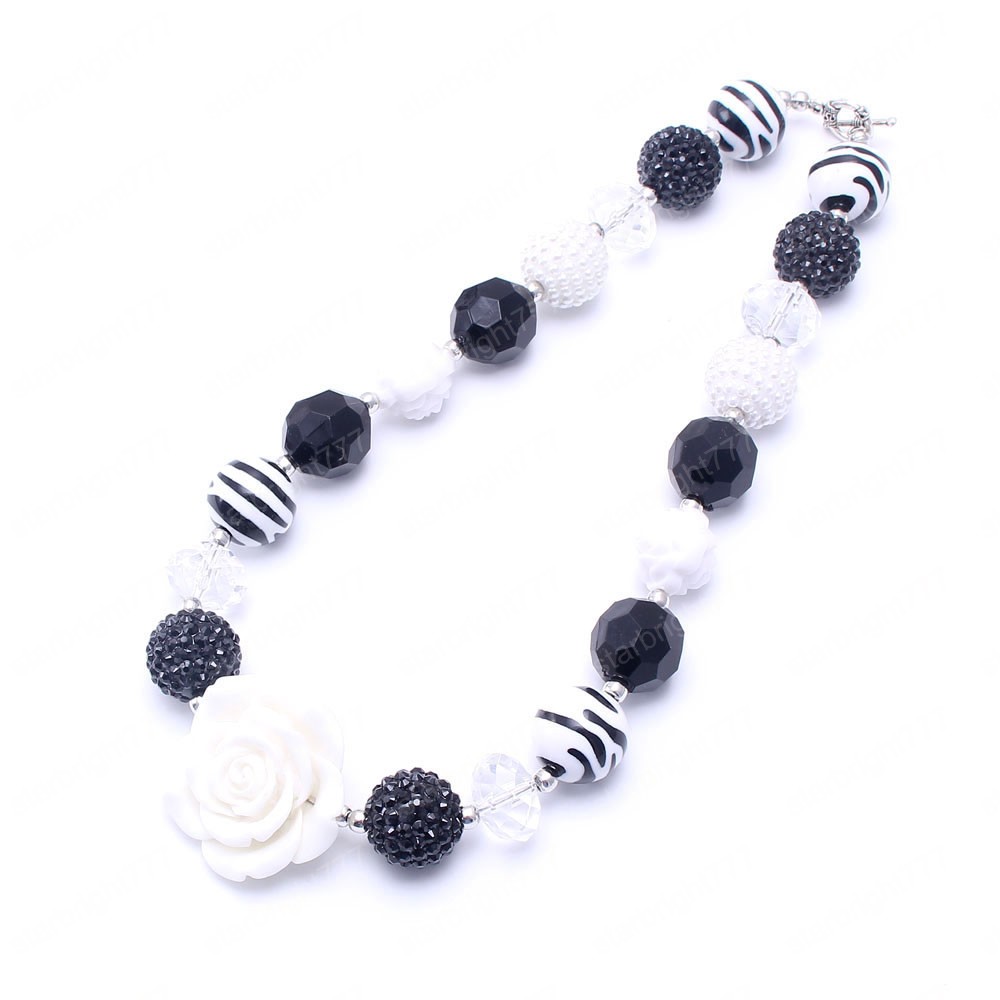 Fashion rose flower chunky beads necklace black/white acrylic bubblegum beads necklace for child/kids handmade jewelry