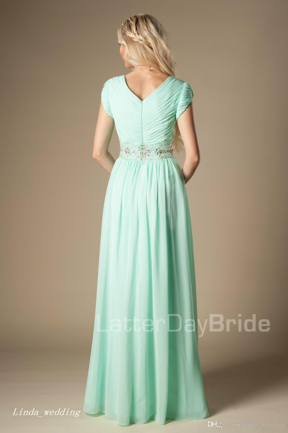 2019 Mint Green Bridesmaid Dress Modest Chiffon Beaded Floor Length Long Country Bridal Party Dress Plus Size vestiti cerimonia damigella