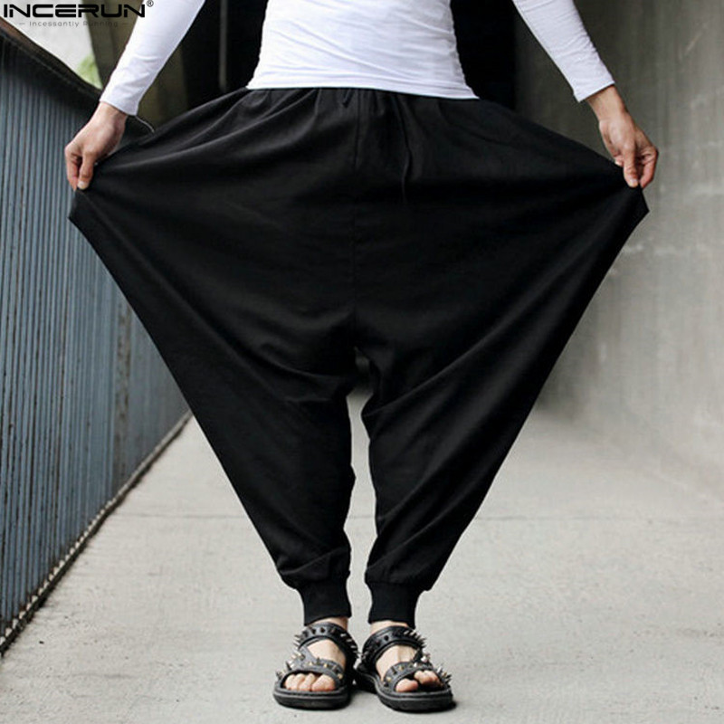 INCERUN Men's Harem Baggy Pants Men Hakama Linen Casual Wide Leg Mens Pants Japanese Trousers Men's Cross-pants Crotch Pants 5XL V200417