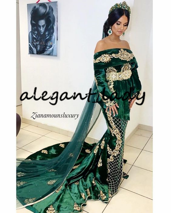 Karakou Negafa Mermaid Wedding Dresses 2020 Hunter Green Velvet Caftan Kaftan Long Sleeve Gold Lace Marocaine Wedding Gown