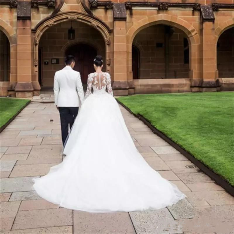 Lace Mermaid Gorgeous Dresses with Tulle Puffy Overskirt Illusion Long Sleeves Custom Wedding Dress Bridal Gowns