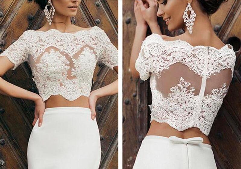 Beauty New Handmade Wedding Short Sleeves Jacket Bolero Topper Cover Up Lace Appliques Women White/Ivory Bridal Jackets