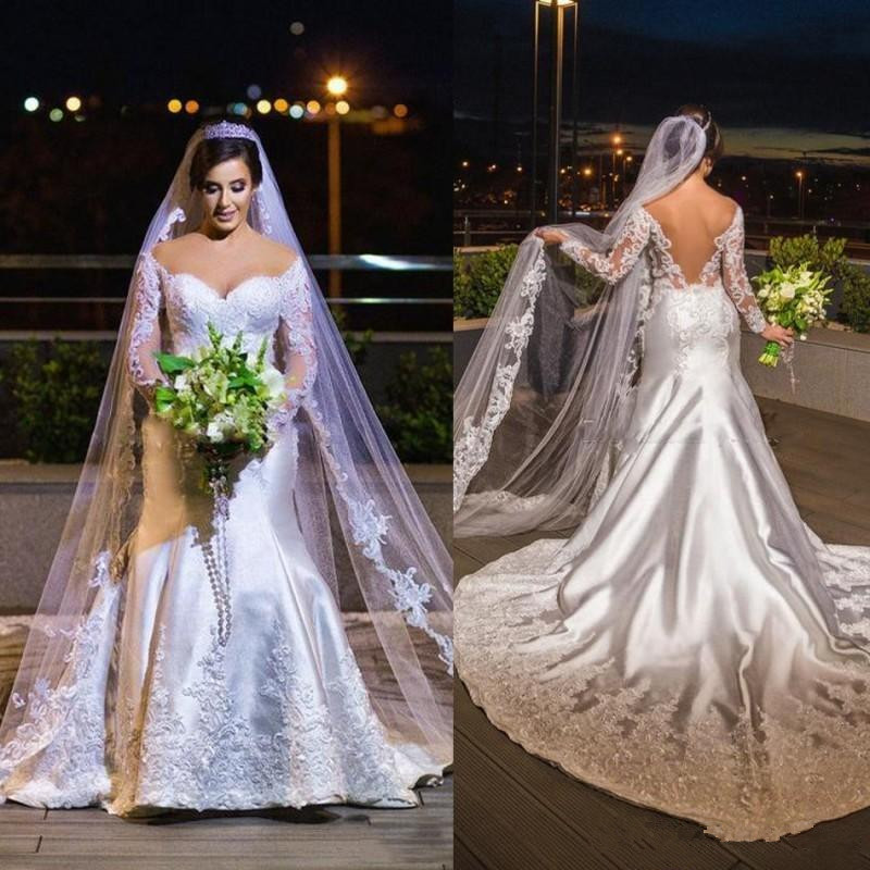 Cathedral Train Mermaid Wedding Dresses With Long Sleeve Plus Size Sheer Off Shoulder Lace Applique Arabic Dubai Castle Civil Bridal Gowns