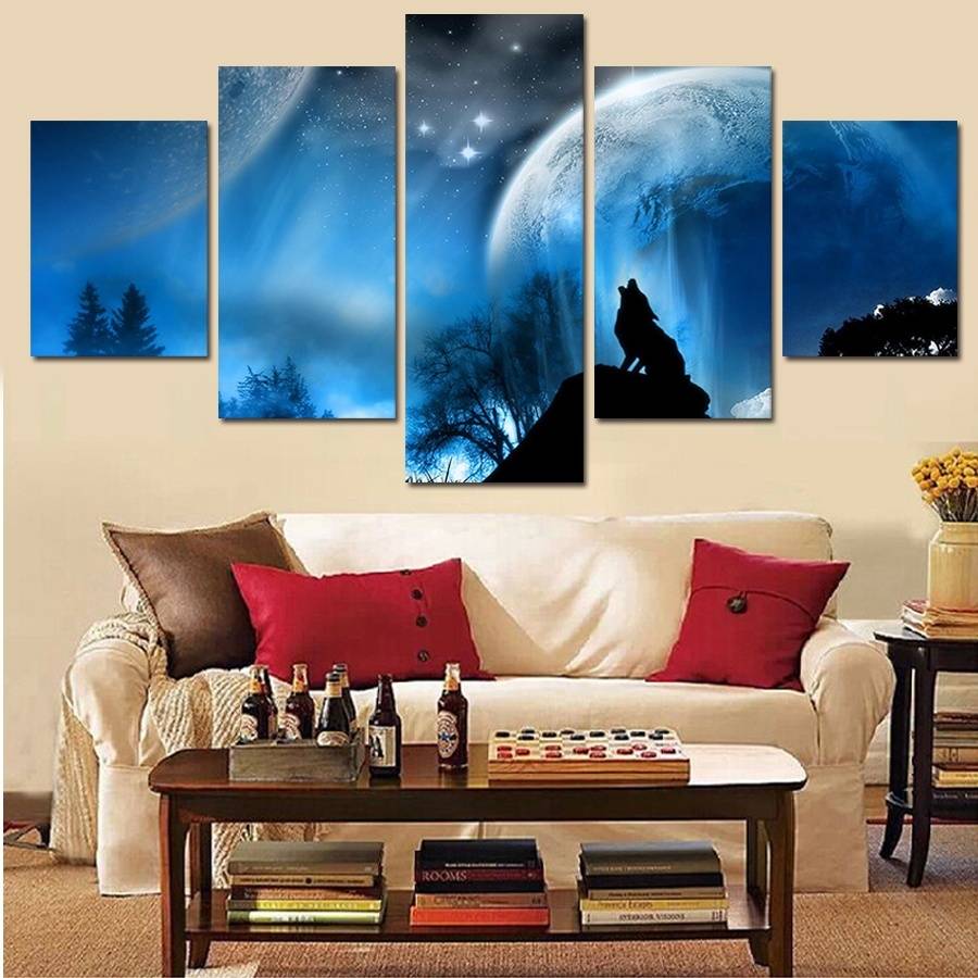 5pcs/set Unframed Wolf Shadow and Moon HD Print On Canvas Wall Art Picture For Home and Living Room Decor