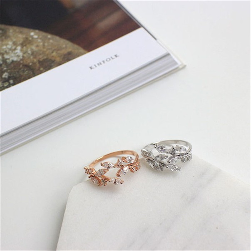 100% 925 Sterling Silver Clear Zircon Leaf Rings For Women Sterling Silver 925 Jewelry Simple Adjustable Statement Ring