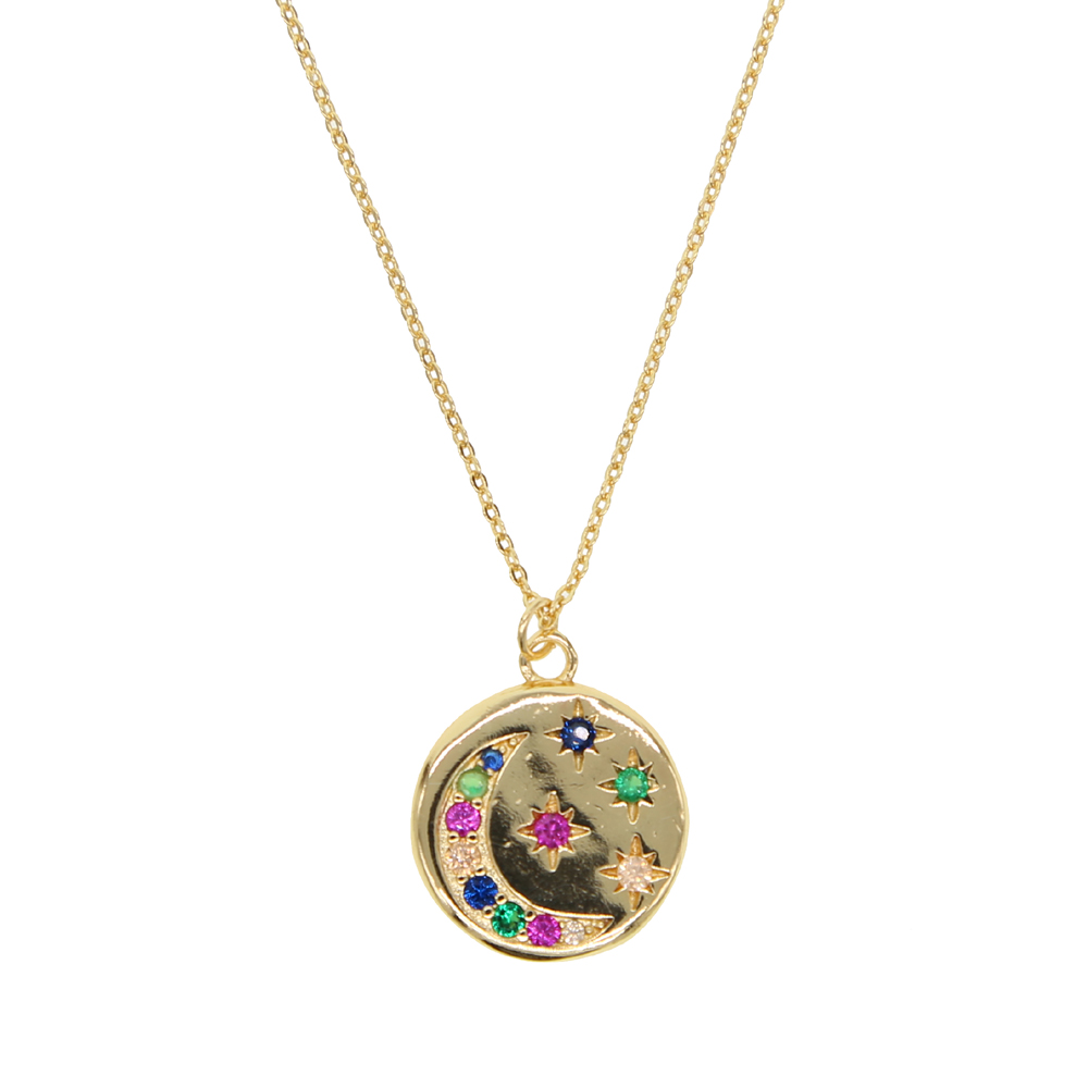 round disco coin necklace gold plated engraved white rainbow cz moon star shooting star design fashion necklaces