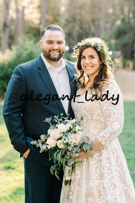 Plus Size Curvy Bride Wedding Dresses 2020 Luxury Lace Applique V-neck Long Sleeve Backless Country Garden Beach Wedding Gown